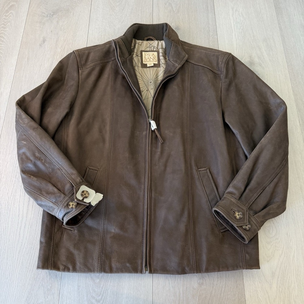 Joseph A Bank Leather Bomber Jacket — Men's S Small Brown /Map Lined Full Zip